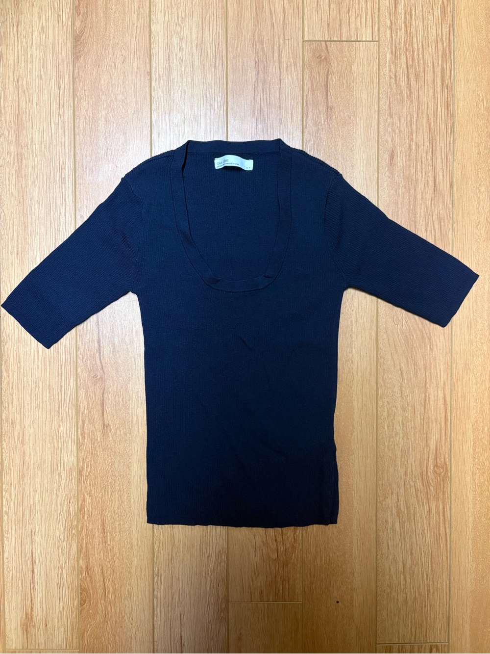 OAK + FORT Navy Scoop Neck Ribbed Short Sleeve Top